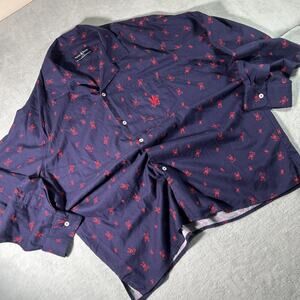 Y2k 2000s Psycho Bunny AOP Button Up Shirt Mens XL Open Collar Grunge Goth Navy